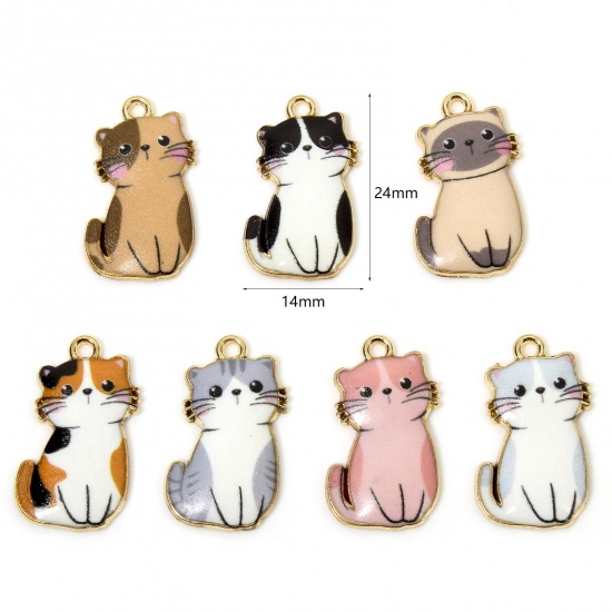 Picture of 10 PCs Zinc Based Alloy Charms Gold Plated Multicolor Cat Animal Animal Enamel 24mm x 14mm