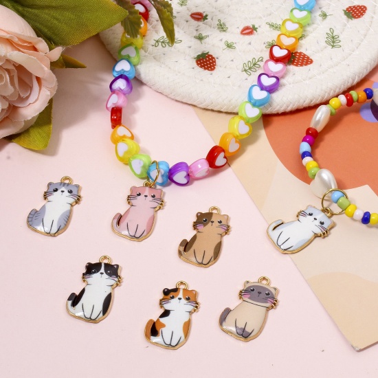 Picture of 10 PCs Zinc Based Alloy Charms Gold Plated Multicolor Cat Animal Animal Enamel 24mm x 14mm
