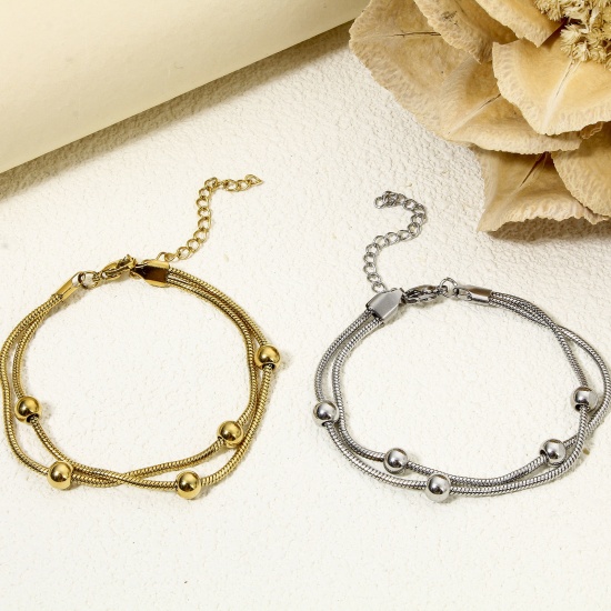 Picture of 1 Piece 304 Stainless Steel Double Layer Handmade Link Chain Bracelets 17.5cm(6 7/8") long