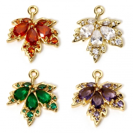 2 Stück Messing und Glas Charms 18K Vergoldet Ahornblatt Micro Pave Bunt Strassstein 20mm x 17mm
