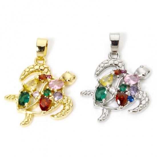 Immagine di 1 Pz Ottone Gioielli Oceanici Ciondoli Pendenti Tartaruga di Mare Filigrana Multicolore Cubic Zirconiae 24mm x 20mm