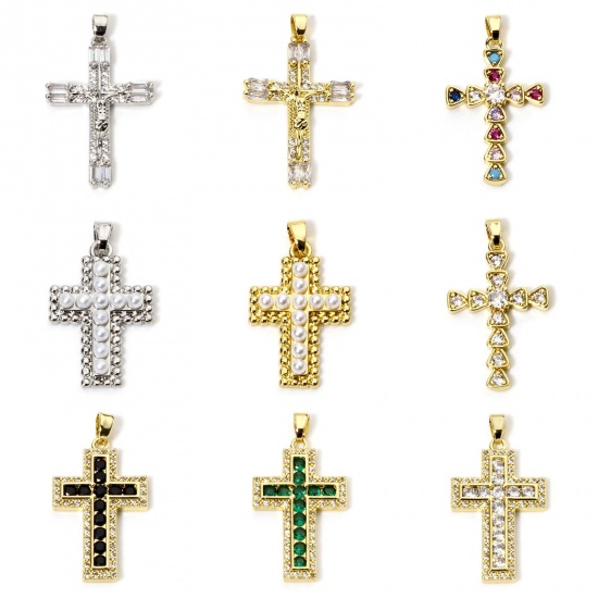 Immagine di 1 Pz Ottone Religione Ciondoli Pendenti Croce Placcato Oro 18K Micro Spianare Multicolore Strass