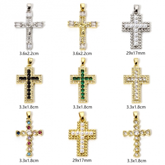 Immagine di 1 Pz Ottone Religione Ciondoli Pendenti Croce Placcato Oro 18K Micro Spianare Multicolore Strass