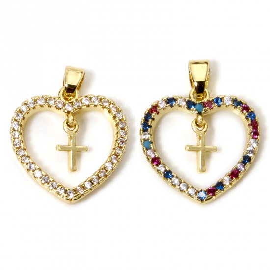 Immagine di 1 Pz Ottone Religione Ciondoli Pendenti Cuore Placcato Oro 18K Croce Micro Spianare 22mm x 17mm