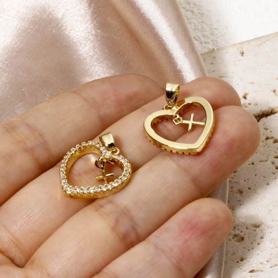 Immagine di 1 Pz Ottone Religione Ciondoli Pendenti Cuore Placcato Oro 18K Croce Micro Spianare 22mm x 17mm