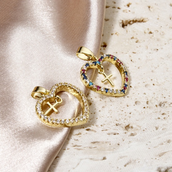 Immagine di 1 Pz Ottone Religione Ciondoli Pendenti Cuore Placcato Oro 18K Croce Micro Spianare 22mm x 17mm