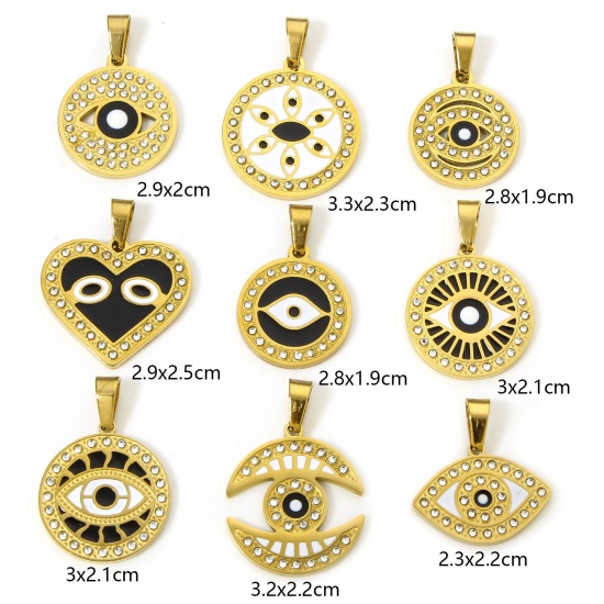 Image de 1 Pièce Pendentif Breloque en 304 Acier Inoxydable Placage sous Vide Religieux Rond Doré Multicolore Yeux Émail à Strass Transparent