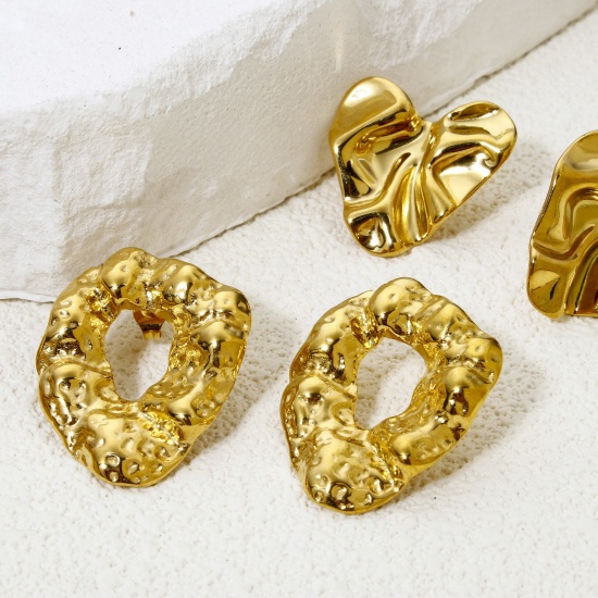Picture of Vacuum Plating Ins Style Geometric Gold Plated 304 Stainless Steel Irregular Oval Ear Post Stud Earrings For Women Party