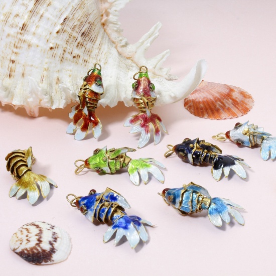 Immagine di 1 Pz Ottone Gioielli Oceanici Ciondoli Pendenti Oro Placcato Multicolore Pesce Mobile 4.8cm x 2.4cm