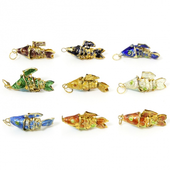 Immagine di 1 Pz Ottone Gioielli Oceanici Ciondoli Oro Placcato Multicolore Pesce Mobile 28mm x 8mm