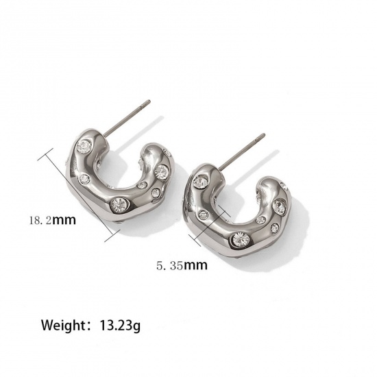 Picture of Vacuum Plating Simple & Casual Stylish Multicolor 304 Stainless Steel & Rhinestone C Shape Hoop Earrings For Women Party