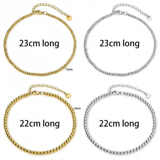 Immagine di 1 Piece 304 Stainless Steel Beaded Chain Anklet With Lobster Claw Clasp And Extender Chain 23cm(9") long