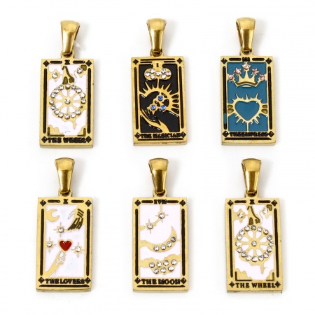 Vacuum Plating 304 Stainless Steel Tarot Charms 18K Gold Plated Rectangle Enamel 27mm x 11mm