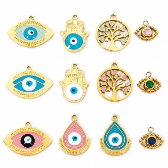 Picture of Vacuum Plating 304 Stainless Steel Religious Charms Gold Plated Evil Eye Multicolor Rhinestone