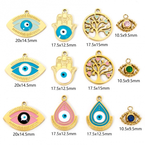 Picture of Vacuum Plating 304 Stainless Steel Religious Charms Gold Plated Evil Eye Multicolor Rhinestone