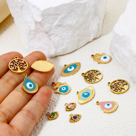 Picture of Vacuum Plating 304 Stainless Steel Religious Charms Gold Plated Evil Eye Multicolor Rhinestone