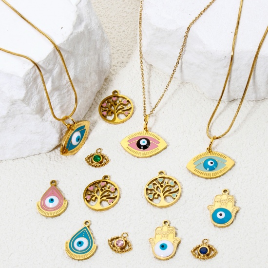 Picture of Vacuum Plating 304 Stainless Steel Religious Charms Gold Plated Evil Eye Multicolor Rhinestone