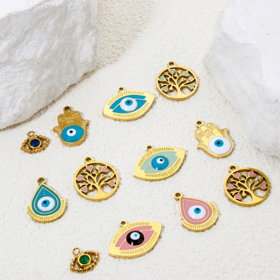 Picture of Vacuum Plating 304 Stainless Steel Religious Charms Gold Plated Evil Eye Multicolor Rhinestone