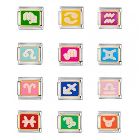 304 Stainless Steel Italian Charm Links For DIY Bracelet Jewelry Making Silver Tone Rectangle Constellation Enamel 10mm x 9mm