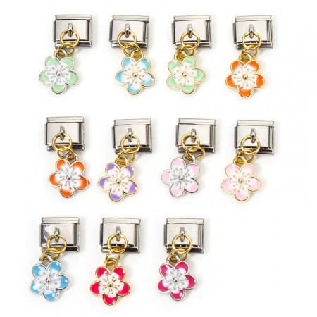 Zinc Based Alloy & Stainless Steel Italian Charm Links For DIY Bracelet Jewelry Making Gold Plated & Silver Tone Rectangle Cherry Blossom Sakura Flower Double-sided Enamel 10mm x 9mm