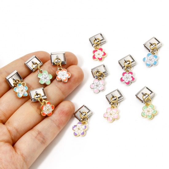 Immagine di 1 Piece Zinc Based Alloy & Stainless Steel Italian Charm Links For DIY Bracelet Jewelry Making Gold Plated & Silver Tone Rectangle Cherry Blossom Sakura Flower Double-sided Enamel 10mm x 9mm