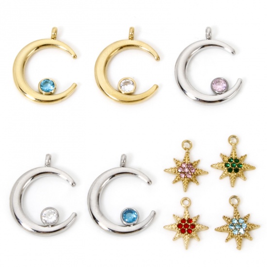 Picture of Eco-friendly Vacuum Plating 304 Stainless Steel Galaxy Charms Half Moon Multicolor Rhinestone