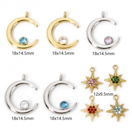 Immagine di Eco-friendly Vacuum Plating 304 Stainless Steel Galaxy Charms Half Moon Multicolor Rhinestone