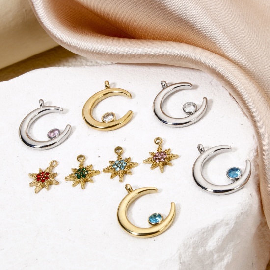 Picture of Eco-friendly Vacuum Plating 304 Stainless Steel Galaxy Charms Half Moon Multicolor Rhinestone