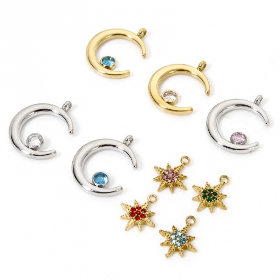 Immagine di Eco-friendly Vacuum Plating 304 Stainless Steel Galaxy Charms Half Moon Multicolor Rhinestone