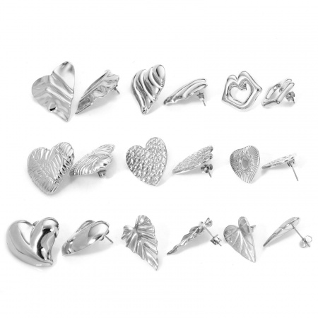 1 Pair 304 Stainless Steel Ear Post Stud Earrings Silver Tone Heart With Stoppers