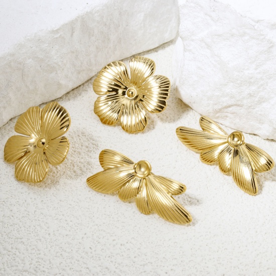 Image de 1 Paire Boucles d'Oreilles Puces en 304 Acier Inoxydable Placage sous Vide Plaqué Or 18K Feuilles de Fleur avec Embouts