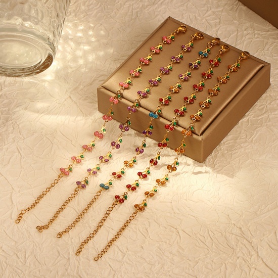 Picture of Wholesale Cherry Fruit Multicolor Enamel 304 Stainless Steel Handmade Link Chain Bracelets, 14K Gold Plated Vacuum Plating, Women's Boho Chic Bohemia Gift Jewelry Supply