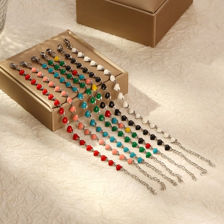 Eco-friendly 304 Stainless Steel Valentine's Day Handmade Link Chain Bracelets Silver Tone Multicolor Heart Enamel