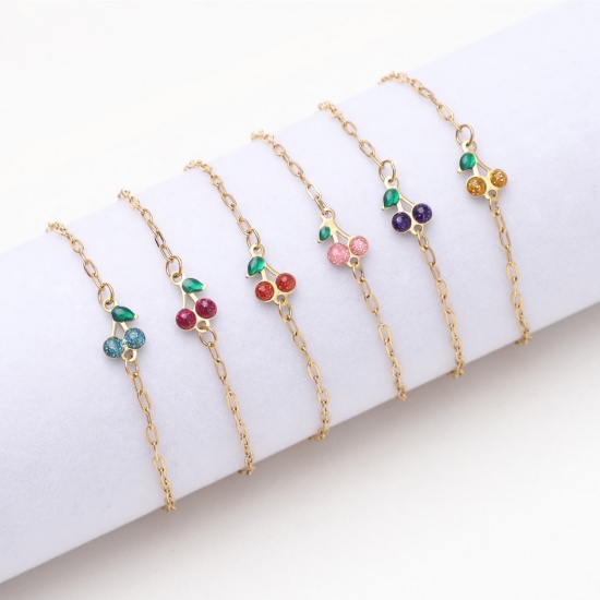 Picture of Vacuum Plating 304 Stainless Steel Ins Style Link Cable Chain Bracelets Gold Plated Multicolor Cherry Fruit Enamel