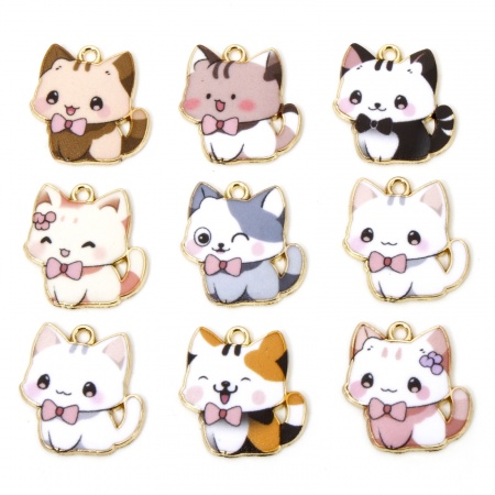 Zinc Based Alloy Charms Gold Plated Multicolor Cat Animal Enamel 21mm x 20mm