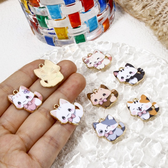 Picture of Zinc Based Alloy Charms Gold Plated Multicolor Cat Animal Enamel 21mm x 20mm