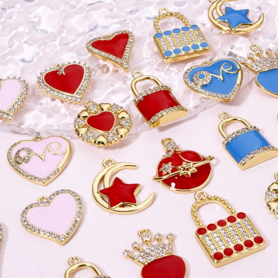 Picture of Eco-friendly Brass Micro Pave Charms 18K Real Gold Plated Heart Lock Enamel Clear Cubic Zirconia