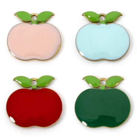 Brass Enamelled Sequins Charms Original Color Unplated Multicolor Apple Fruit Enamel 12mm x 11.5mm