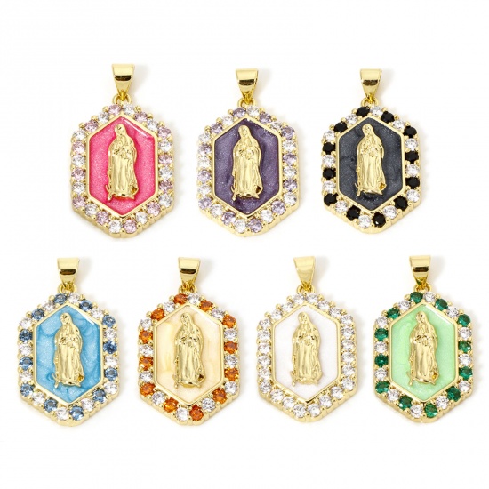 Picture of Eco-friendly Brass Religious Pendants 18K Real Gold Plated Multicolor Pearlized Hexagon Virgin Mary Enamel Multicolour Cubic Zirconia 3cm x 1.7cm