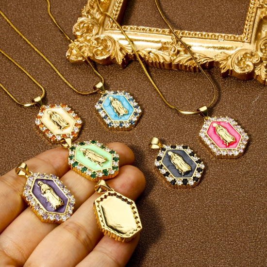 Picture of Eco-friendly Brass Religious Pendants 18K Real Gold Plated Multicolor Pearlized Hexagon Virgin Mary Enamel Multicolour Cubic Zirconia 3cm x 1.7cm