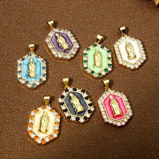 Picture of Eco-friendly Brass Religious Pendants 18K Real Gold Plated Multicolor Pearlized Hexagon Virgin Mary Enamel Multicolour Cubic Zirconia 3cm x 1.7cm