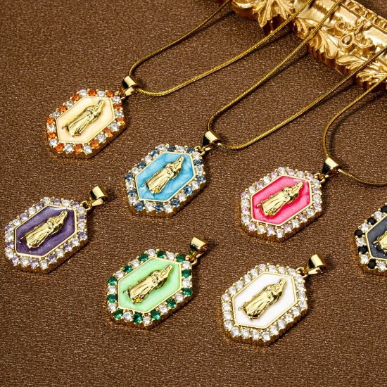 Picture of Eco-friendly Brass Religious Pendants 18K Real Gold Plated Multicolor Pearlized Hexagon Virgin Mary Enamel Multicolour Cubic Zirconia 3cm x 1.7cm