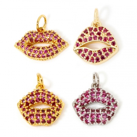 1 Pièce Breloques Micro Pave en Laiton Respectueux de la Nature Lèvres Plaqué Or Véritable à Zircone Cubique Fuchsia