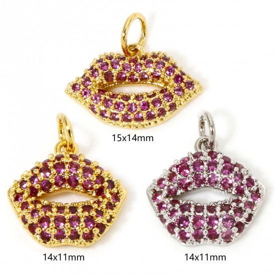 Immagine di 1 Piece Eco-friendly Brass Micro Pave Charms Real Gold Plated Lip Fuchsia Cubic Zirconia