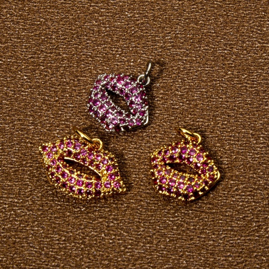 Immagine di 1 Piece Eco-friendly Brass Micro Pave Charms Real Gold Plated Lip Fuchsia Cubic Zirconia