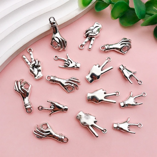 Picture of Zinc Based Alloy Charms Antique Silver Color Hand Sign Gesture 3D