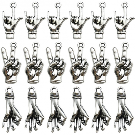 Picture of Zinc Based Alloy Charms Antique Silver Color Hand Sign Gesture 3D