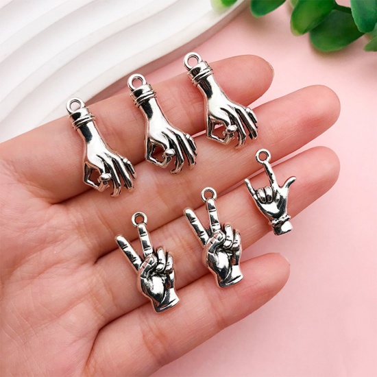 Picture of Zinc Based Alloy Charms Antique Silver Color Hand Sign Gesture 3D