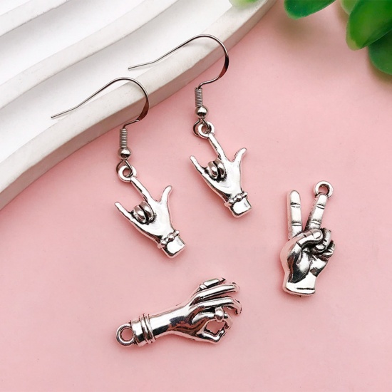 Picture of Zinc Based Alloy Charms Antique Silver Color Hand Sign Gesture 3D