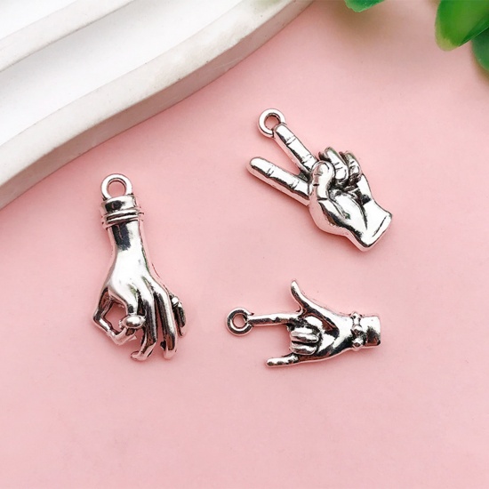 Picture of Zinc Based Alloy Charms Antique Silver Color Hand Sign Gesture 3D